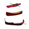 Boat set: Gondola venetian traditional rawing boat. Canoe wooden boat. Sport racing kayak with paddels. vector isolated graphic