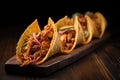 boat shaped crispy taco shell filled with bourbon bbq pulled chicken