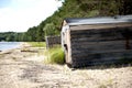 Boat shed on the sandy shore of the lake Royalty Free Stock Photo