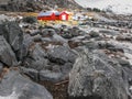 Boat sheds at rocky coast of Brenna, Austvagoya, Lofoten islands, Nordland, Norway