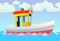 Boat ship. Floats on sea. Seascape landscape. Cartoon style illustration. Cute childish. Image background. Vector