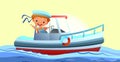 Boat ship. Seascape landscape. Boy kid little captain. Cartoon style illustration. Cute childish. Image background
