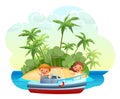 Boat ship. Seascape landscape. Boy kid little captain. Tropical island with palm trees. Cartoon style illustration. Cute