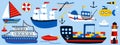 Boat and ship set. Cartoon hand drawn colorful sail childish collection, sailing yacht, sailboat and submarine, lifebuoy and