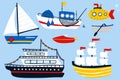 Boat and ship set. Cartoon hand drawn colorful sail childish collection, water transport, sailing yacht, sailboat and submarine,