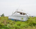 A boat on shore caused by powerful Hurricane Harvey`s Destruction on Texas Coast