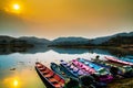 Boat on the shore of a misty lake Royalty Free Stock Photo