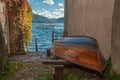 Boat on the shore of San Giulio Island, Lake Orta, Italy. Royalty Free Stock Photo