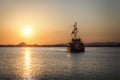 The boat silhouette. Sunset over the bay of Pomorie. Black Sea. Bulgaria Royalty Free Stock Photo