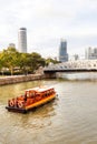 Boat on Singapore River Approaching Anderson Bridge at Boat Quay