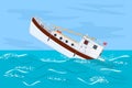 Boat sinking in sea. White vessel going under water. Fishing ship sinking in ocean.