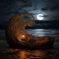 a boat sitting on the beach at night with a full moon in the background Royalty Free Stock Photo