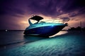 a boat is sitting on the beach at night with a purple sky in the background and the sun shining on the water and the boat is in