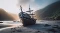 A boat sitting on top of a sandy beach. Generative AI image. Royalty Free Stock Photo