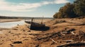 A boat sitting on top of a sandy beach. Generative AI image. Royalty Free Stock Photo