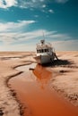 Boat sitting on top of sandy beach next to body of water. Generative AI Royalty Free Stock Photo