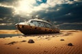 Boat sitting on top of sandy beach next to body of water. Generative AI Royalty Free Stock Photo