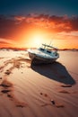 Boat sitting on top of sandy beach at sunset. Generative AI Royalty Free Stock Photo