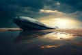Boat sitting on top of sandy beach under cloudy sky. Generative AI Royalty Free Stock Photo