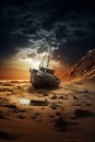 Boat sitting on top of sandy beach under cloudy sky. Generative AI Royalty Free Stock Photo