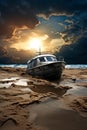 Boat sitting on top of sandy beach under cloudy sky. Generative AI Royalty Free Stock Photo