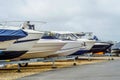 Boat on stand on the shore, close up on the part of the yacht, l