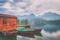 Boat station on the alpine lake Strbske pleso, popular resort in the High Tatra mountains, Slovakia Slovensko