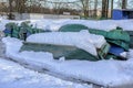 A boat station closed until spring on the banks of the Izhora River in Kolpino, St. Petersburg Royalty Free Stock Photo