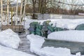 A boat station closed until spring on the banks of the Izhora River in Kolpino, St. Petersburg Royalty Free Stock Photo