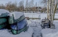 A boat station closed until spring on the banks of the Izhora River in Kolpino, St. Petersburg Royalty Free Stock Photo