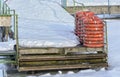 A boat station closed until spring on the banks of the Izhora River in Kolpino, St. Petersburg Royalty Free Stock Photo