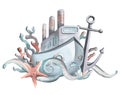 A boat, a steamer with waves, an anchor, corals and a starfish. Watercolor illustration. Composition from the collection