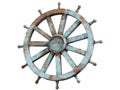 The boat steering wheel is surrounded by Pirate ship, card chest, cannon and compass on the beach.-3d rendering