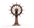 The boat steering wheel is surrounded by Pirate ship, card chest, cannon and compass on the beach.-3d rendering