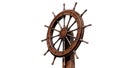 The boat steering wheel is surrounded by Pirate ship, card chest, cannon and compass on the beach.-3d rendering