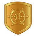 boat steering wheel symbol in golden shield logo of marine ship nautical navigation company