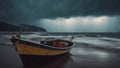 boat in the storm During a heavy storm with rain, a fishing boat comes back from the sea