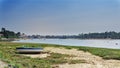 Boat stranded on the sand in front of Hossegor lake Royalty Free Stock Photo