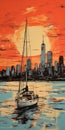 Sailboat Sunset Painting In New York Cityscape Style