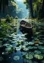 A boat surrounded by lotus lily pads