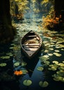 A boat surrounded by lotus lily pads