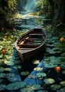 A boat surrounded by lotus lily pads