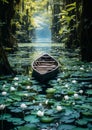 A boat surrounded by lotus lily pads