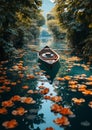 A boat surrounded by lotus lily pads