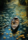 A boat surrounded by lotus lily pads