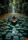 A boat surrounded by lotus lily pads