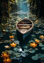 A boat surrounded by lotus lily pads