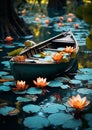 A boat surrounded by lotus lily pads