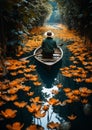 A boat surrounded by lotus lily pads