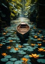 A boat surrounded by lotus lily pads